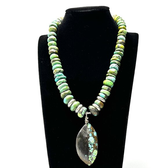 Vintage Sterling Silver & Turquoise Rondelle Necklace with Matrix Pendant — EUC - Picture 1 of 12